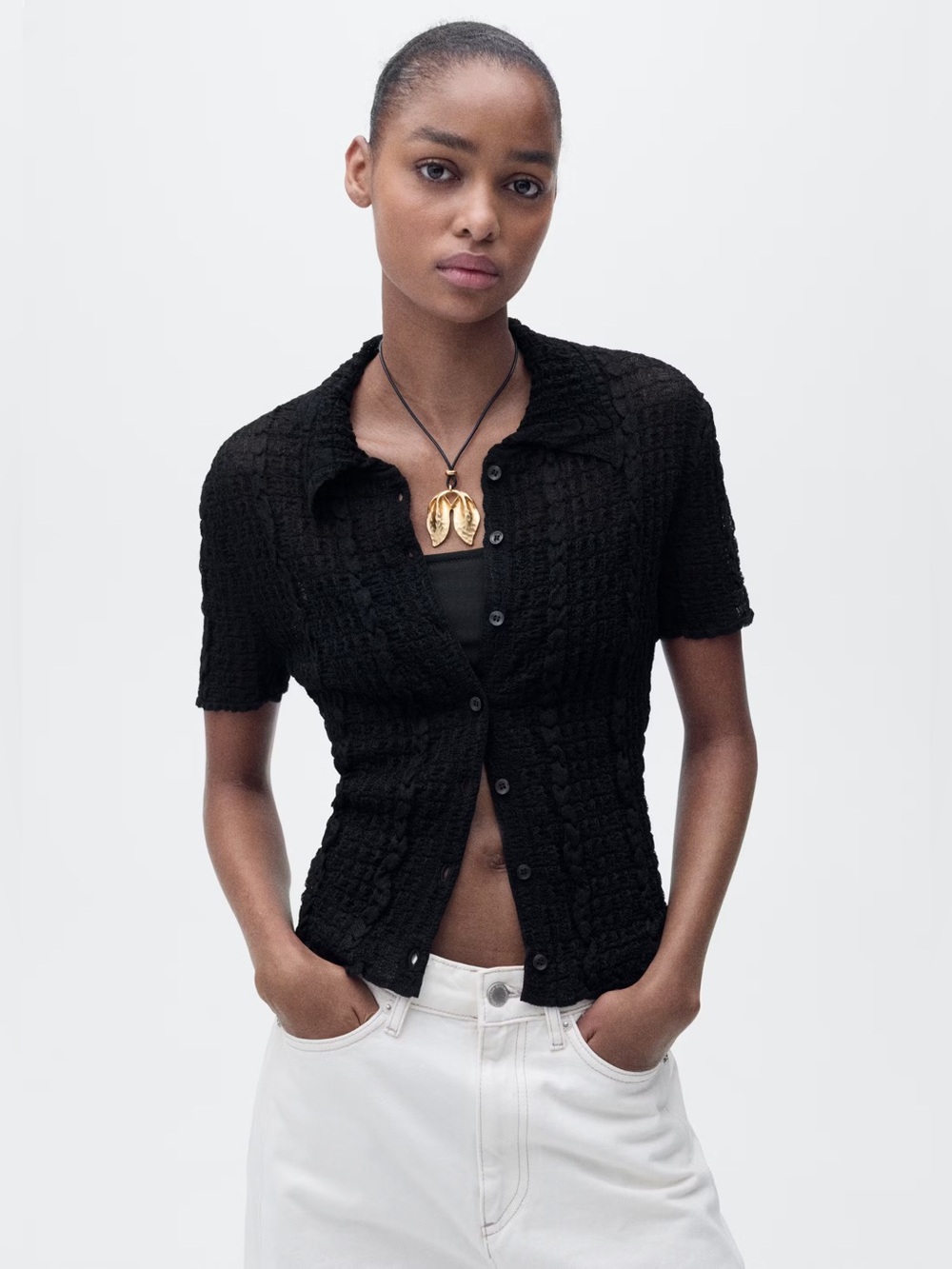 Mango Black textured polo-neck cardigan NWT